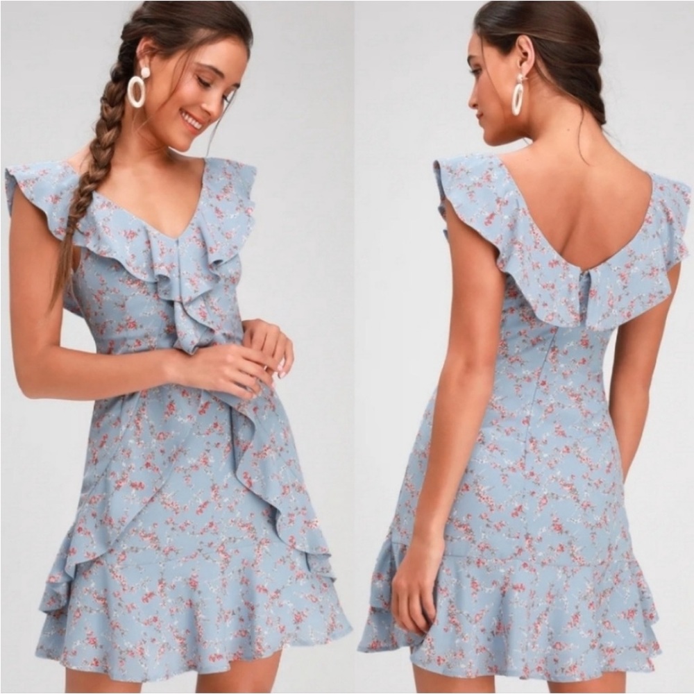 Lulus Radiant Rosa Light Blue Floral Print Ruffled Mini Dress NWT XS